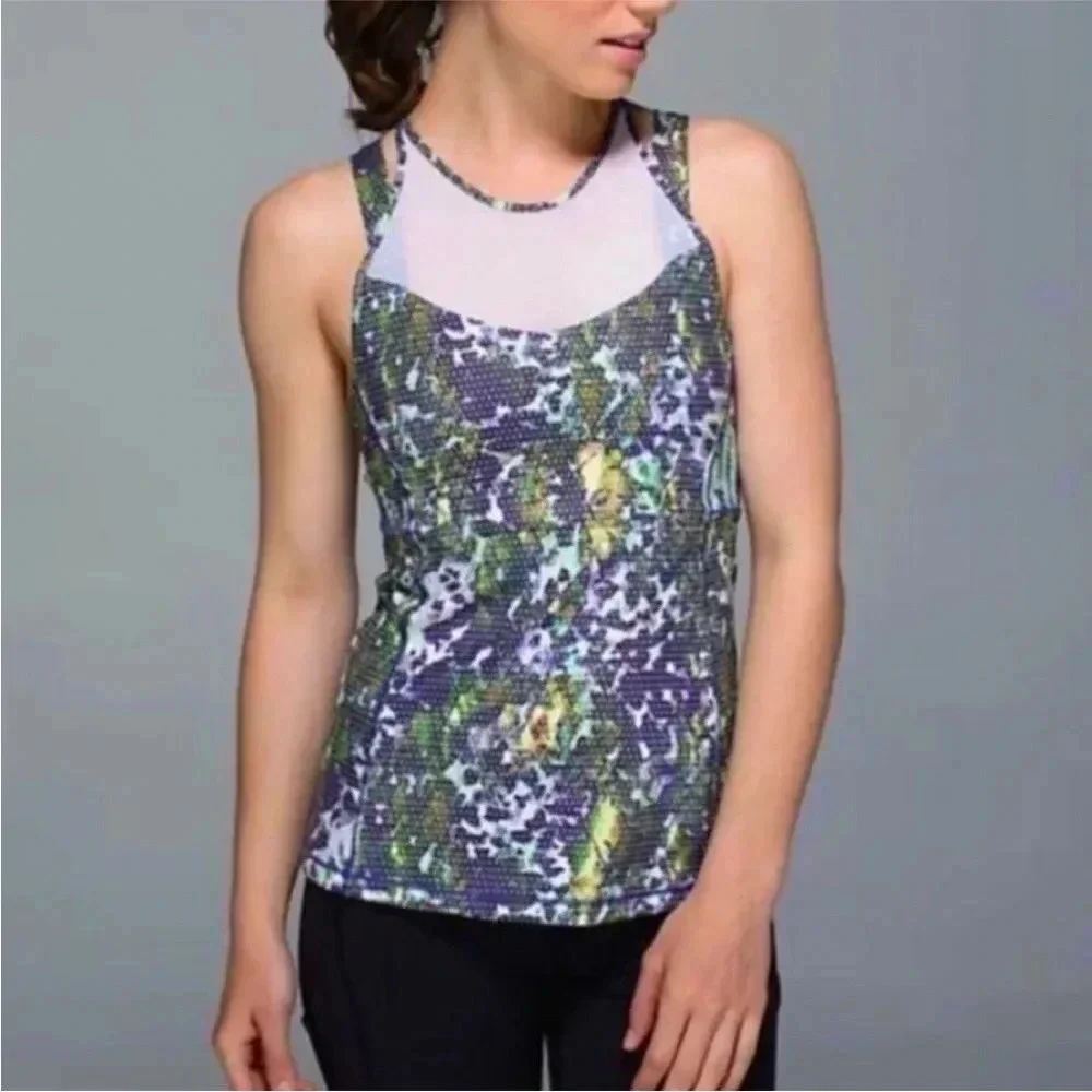 Lululemon purple and green floral running in the city tank sz 8